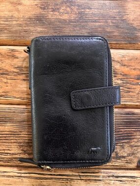 Will Leather Goods Black Leather Zip Wallet with Snap Tab
